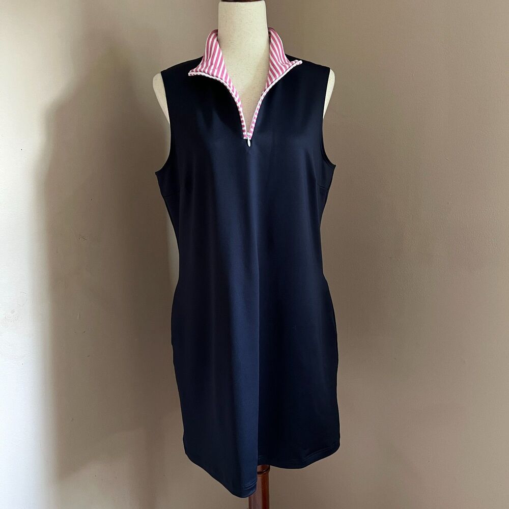 Sailor - Sailor Navy Sleeveless Zip Neck Dress Pickleball Tennis Pink Stripe L